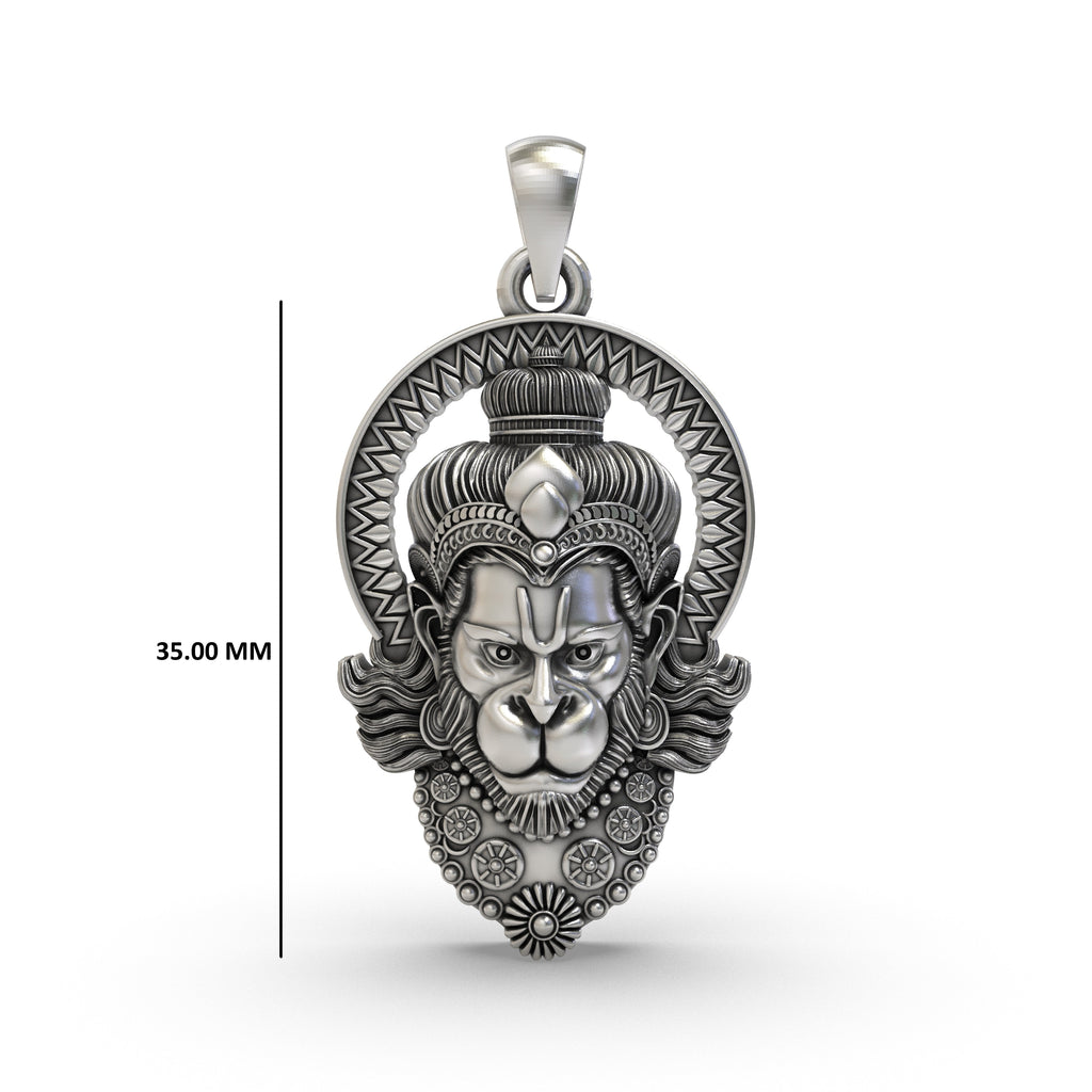 A close-up shot of the intricately crafted 925 silver Hanumanji pendant, highlighting the antique oxidized finish.