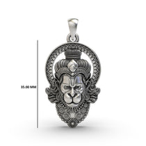A close-up shot of the intricately crafted 925 silver Hanumanji pendant, highlighting the antique oxidized finish.
