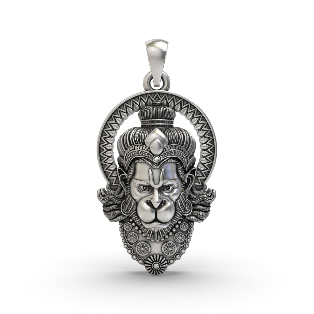 Detailed front view of the oxidized 925 sterling silver Hanumanji face pendant showcasing his powerful expression.