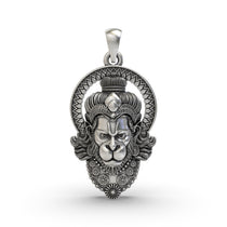 Detailed front view of the oxidized 925 sterling silver Hanumanji face pendant showcasing his powerful expression.