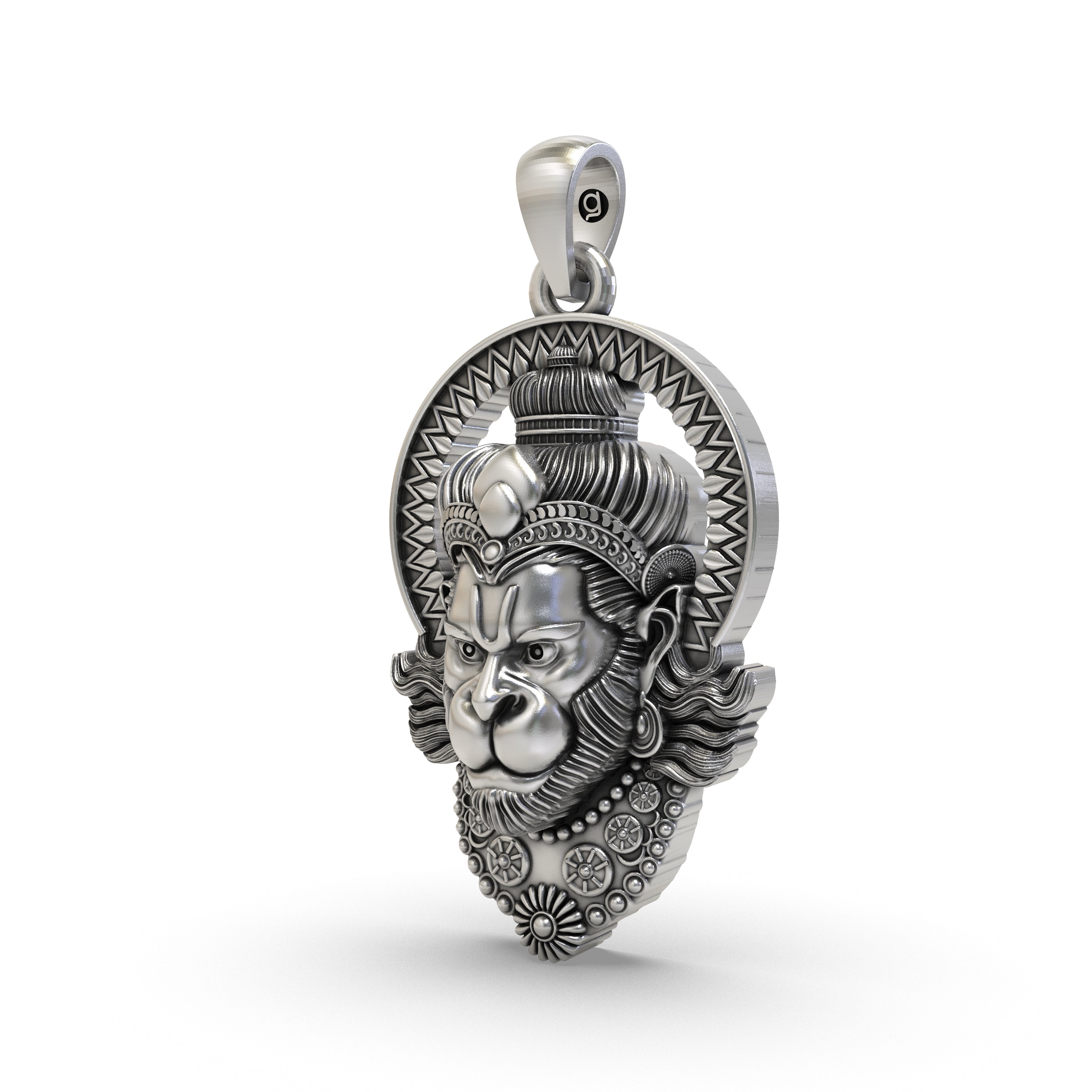 Side profile of the sterling silver Hanumanji face pendant, showing the depth and detailed craftsmanship of the jewel.