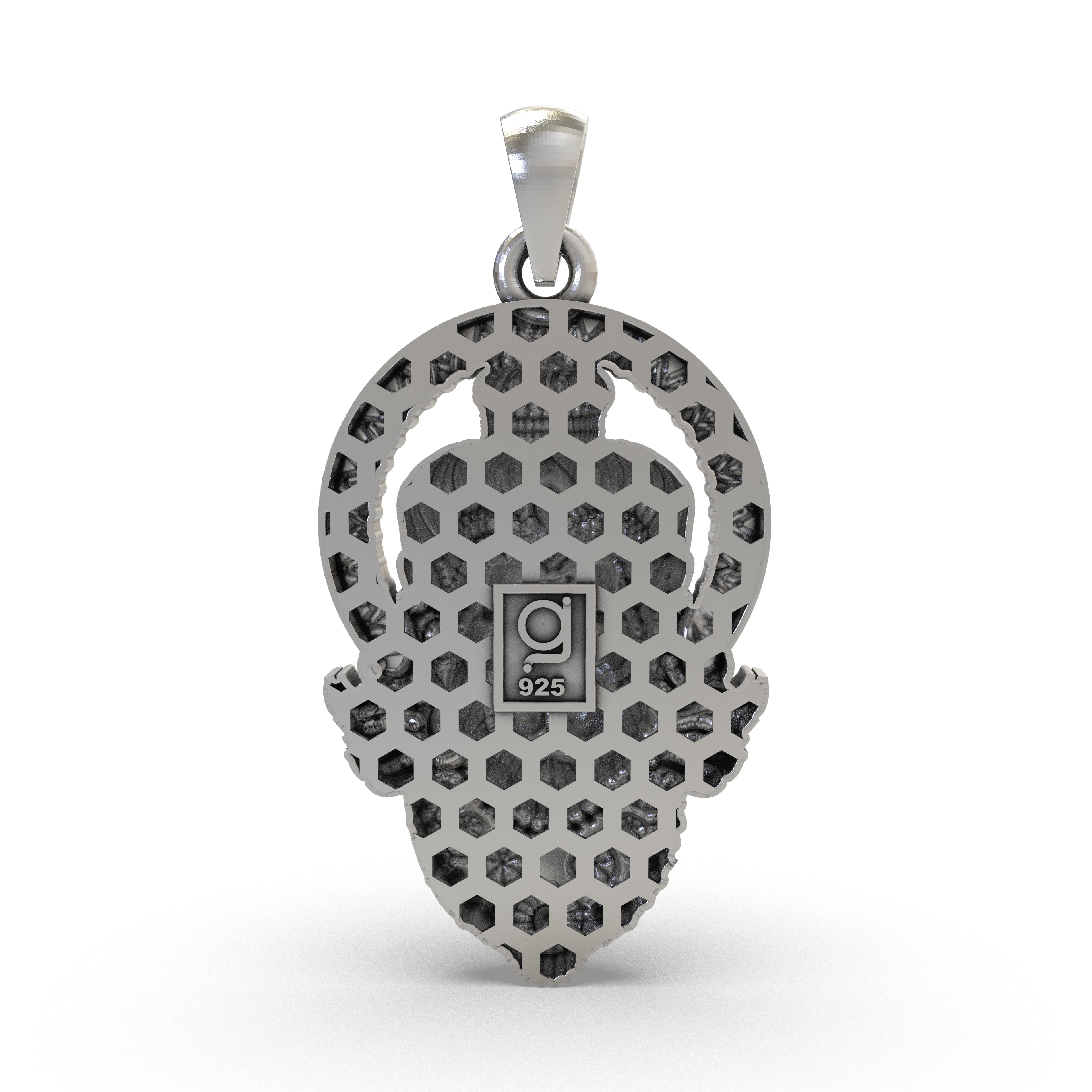 An angled view of the silver Hanumanji pendant, emphasizing the oxidized texture and the bail for wearing on a chain.
