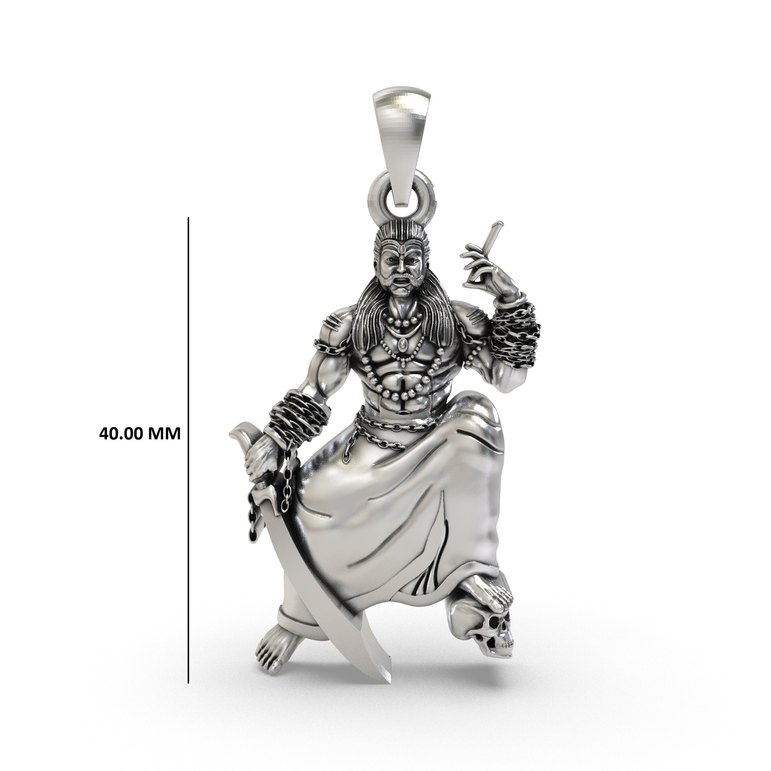 A detailed front view of the 925 silver Sanggili Karuppar pendant, showcasing the deity's fierce expression.