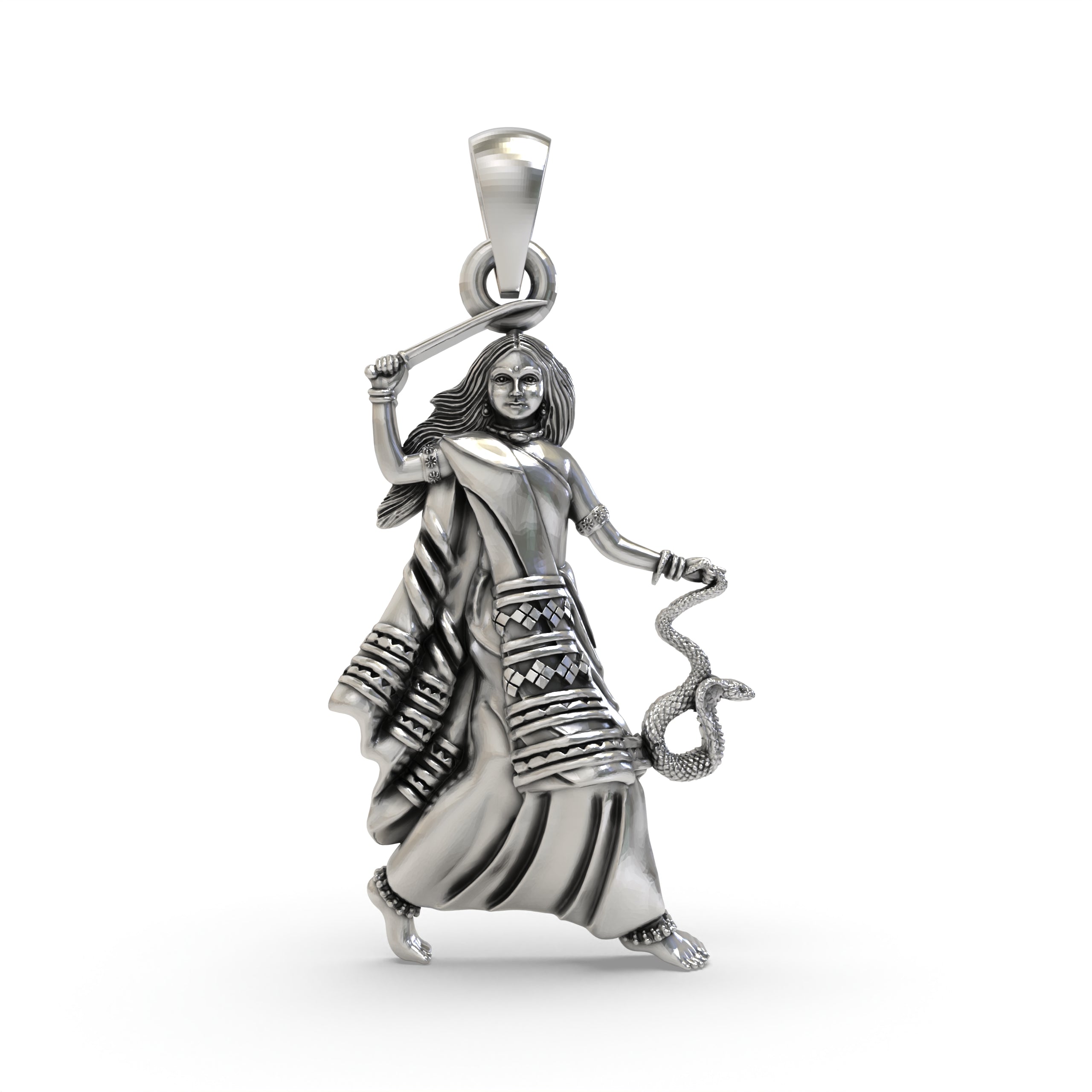 Front view of the intricately detailed 925 silver Mogal Maa pendant, showcasing the revered Hindu goddess. Main image