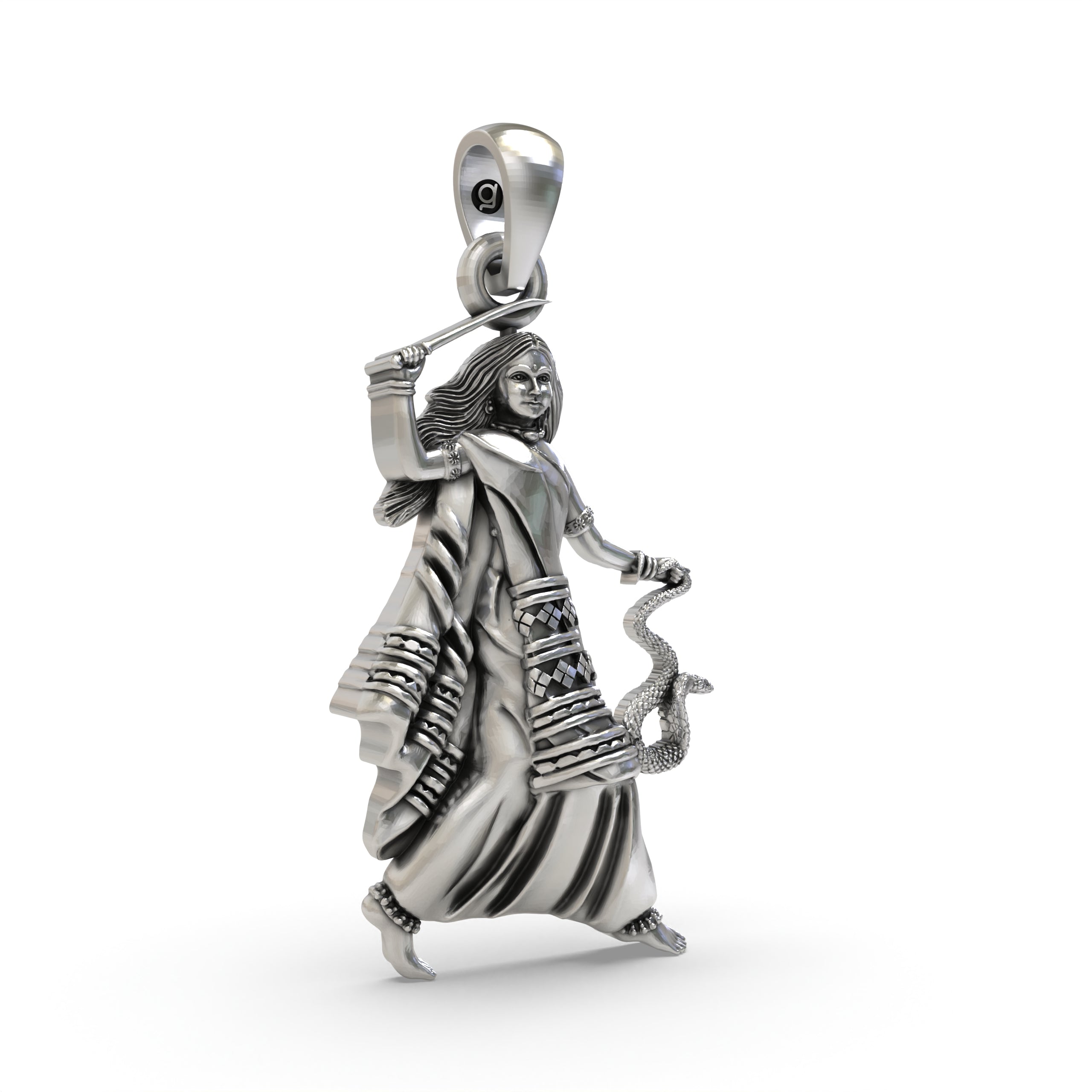 Close-up detail of the handcrafted 925 silver Mogal Maa pendant, revealing the beautiful antique oxidized finish.