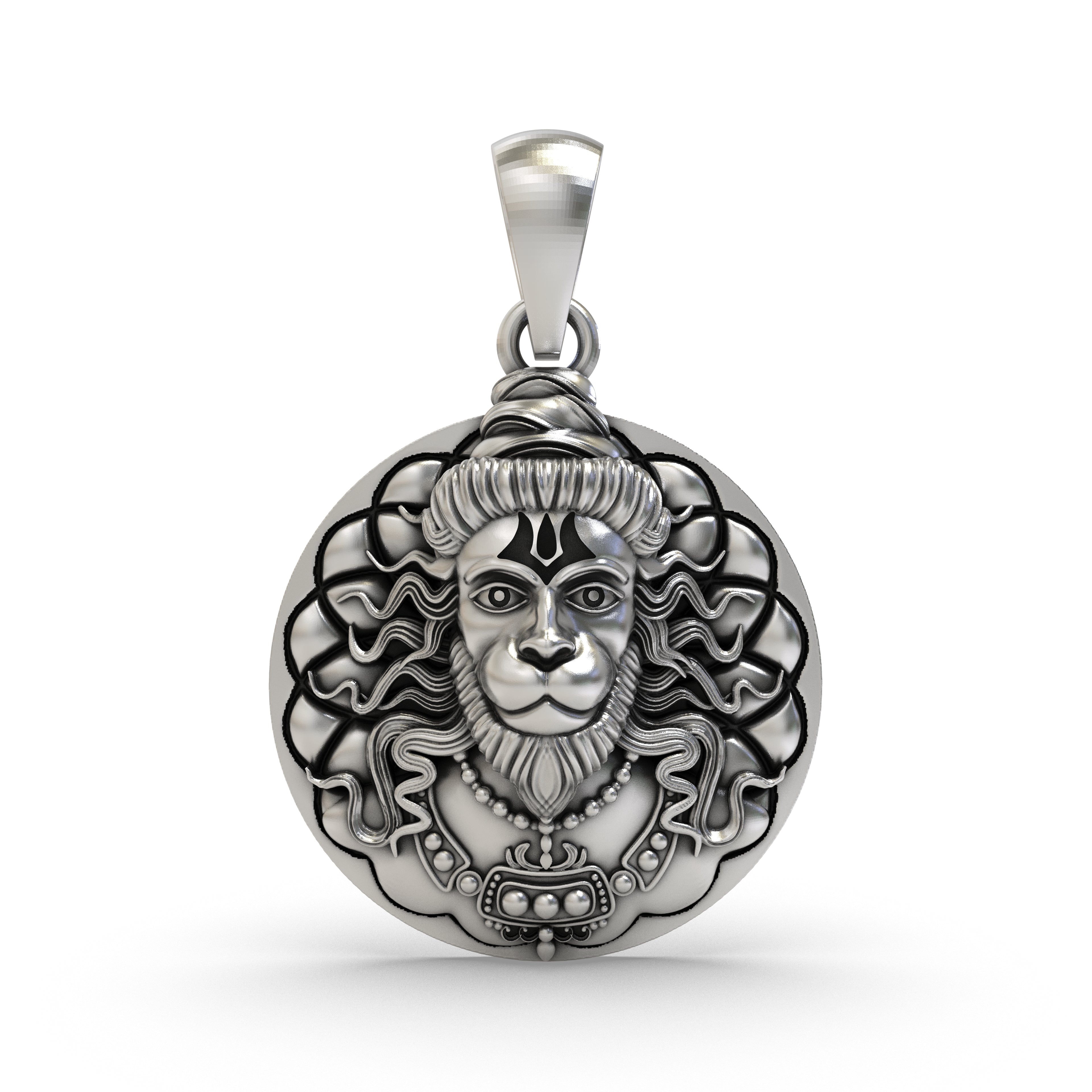 Front view of the oxidized 925 sterling silver Hanuman coin pendant showing the intricate engraving of Lord Hanuman.