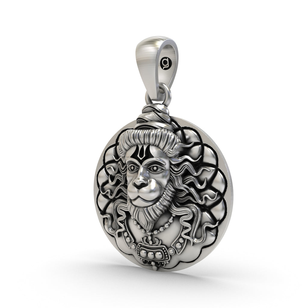 Side profile of the 925 silver Hanuman coin pendant, showcasing its coin-shaped design and lightweight hollow back.