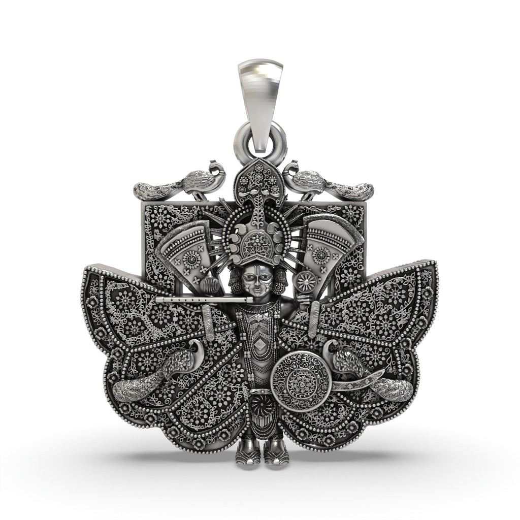 Front view of the Silver Sanwariya Seth Pendant in 925 sterling silver, showing intricate detailing and oxidized finish.