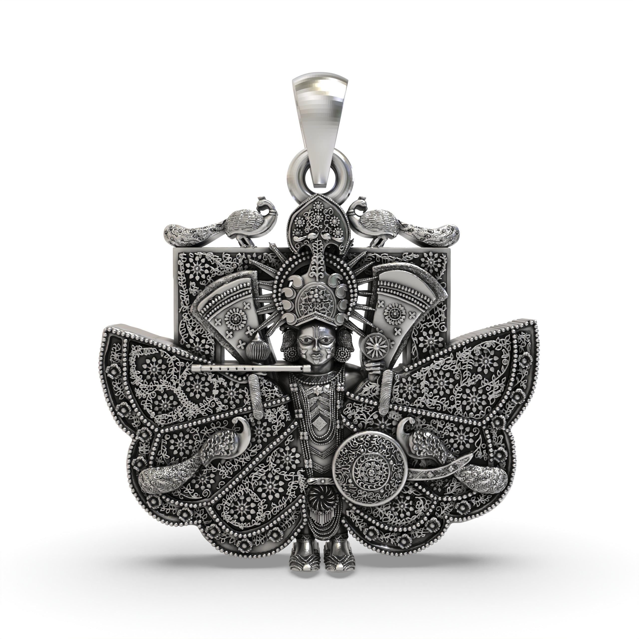 Front view of the Silver Sanwariya Seth Pendant in 925 sterling silver, showing intricate detailing and oxidized finish.