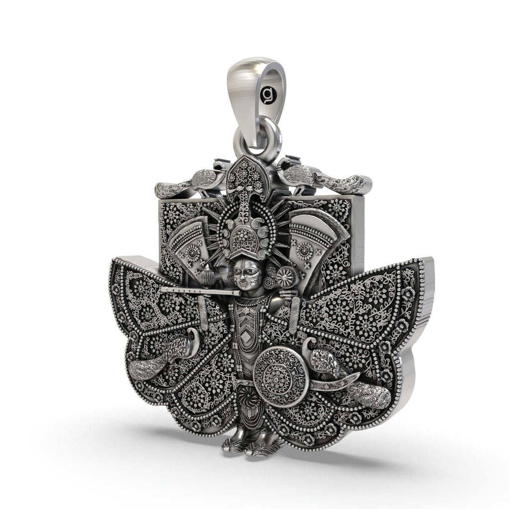 Angled side view of the 925 silver Sanwariya Seth pendant, highlighting its divine form and antique oxidized texture.