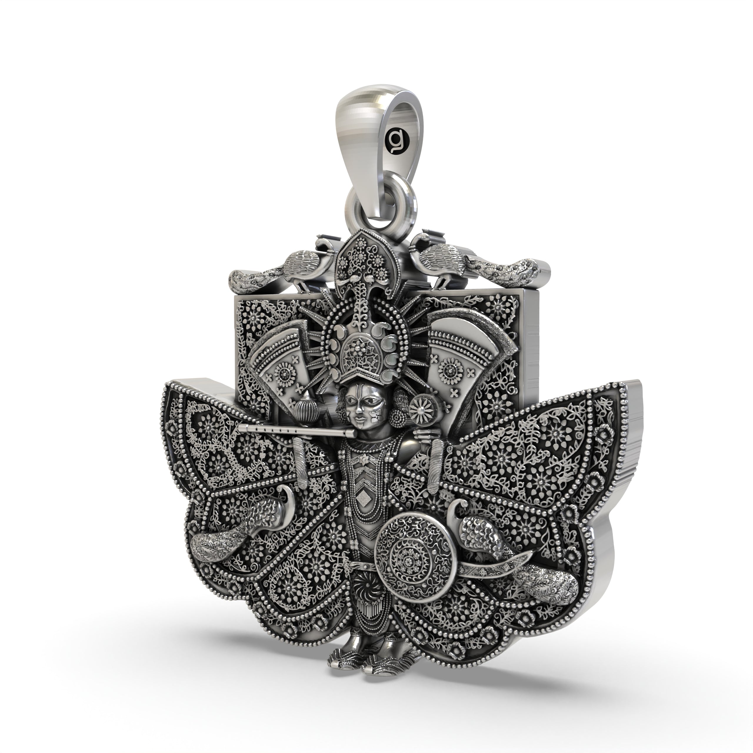 Angled side view of the 925 silver Sanwariya Seth pendant, highlighting its divine form and antique oxidized texture.