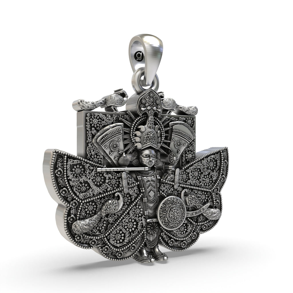 Close-up of the Silver Sanwariya Seth Pendant, detailing the craftsmanship and the hollow back design for comfort.