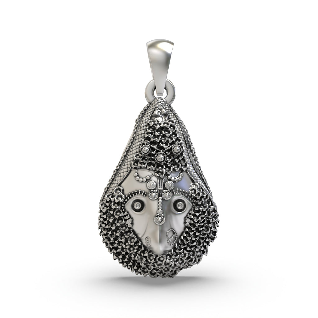 Front view of the handcrafted Delhi Kali Maa pendant in 925 oxidized sterling silver, showing her fierce expression.