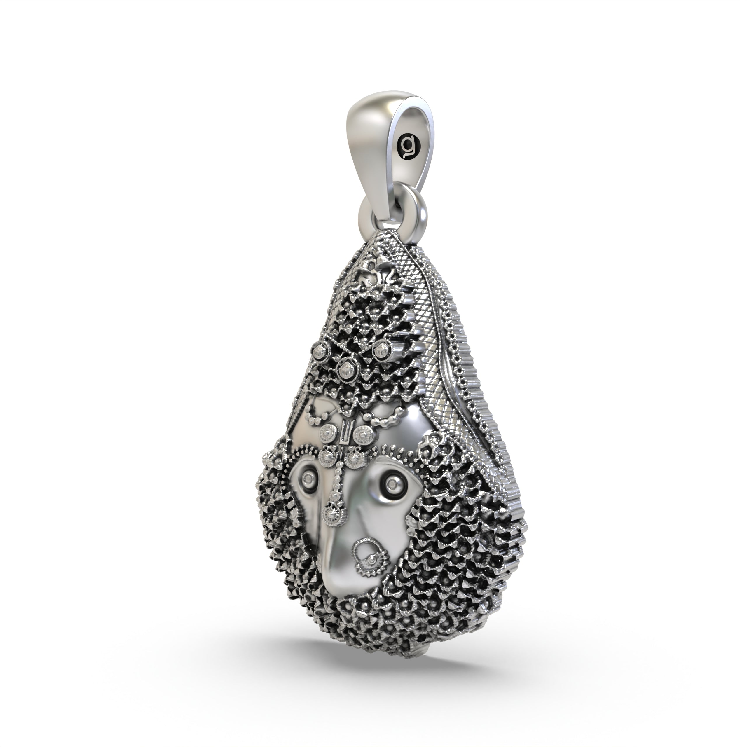 Angled view of the 925 silver Delhi Kali Maa pendant, highlighting the oxidized finish and intricate details of the goddess.