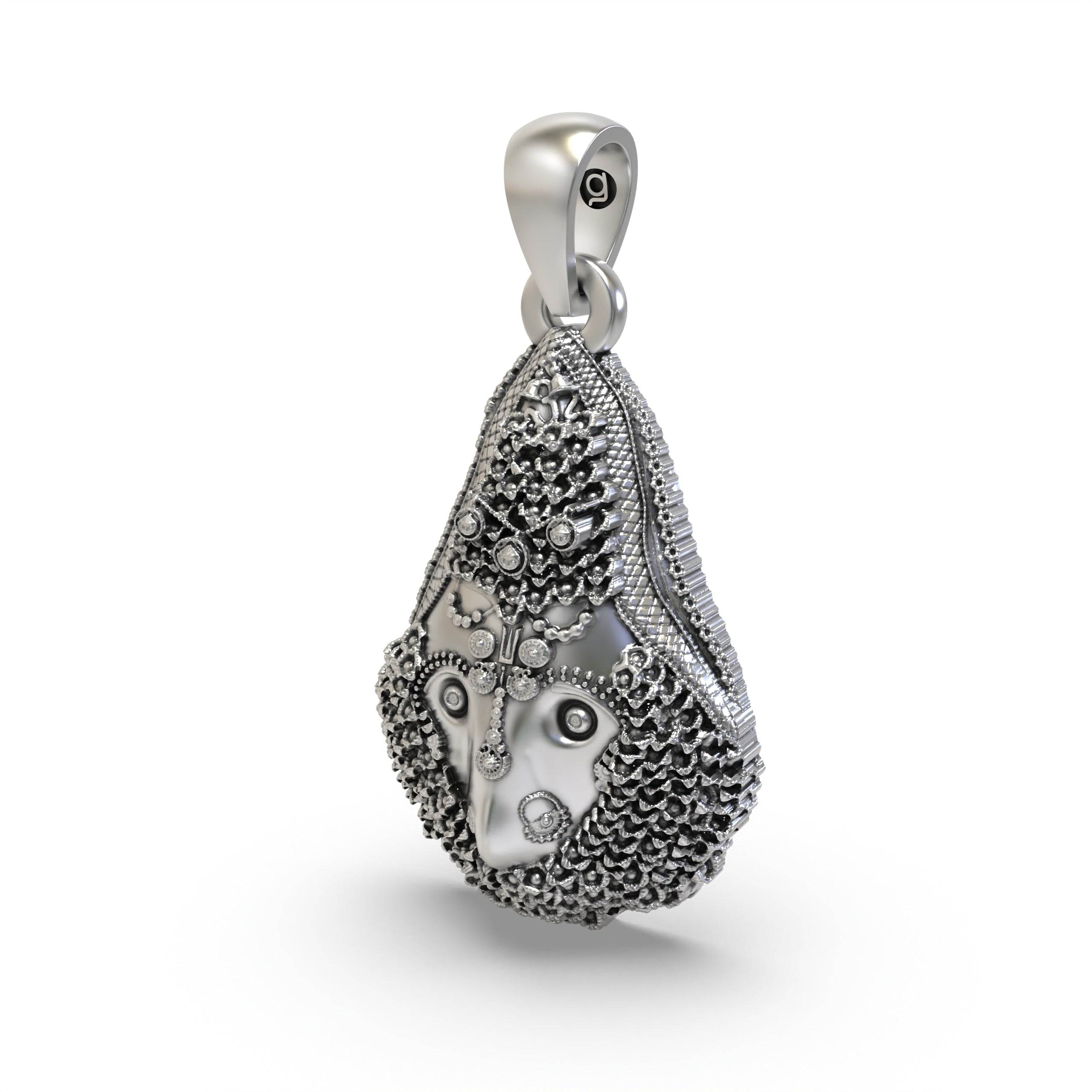 Side profile of the 925 silver Delhi Kali Maa pendant, revealing the hollow back design for lightweight comfort and wear.