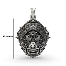 Front view of the intricately detailed 925 silver Kirtimukha pendant, showcasing its 'Face of Glory' design.