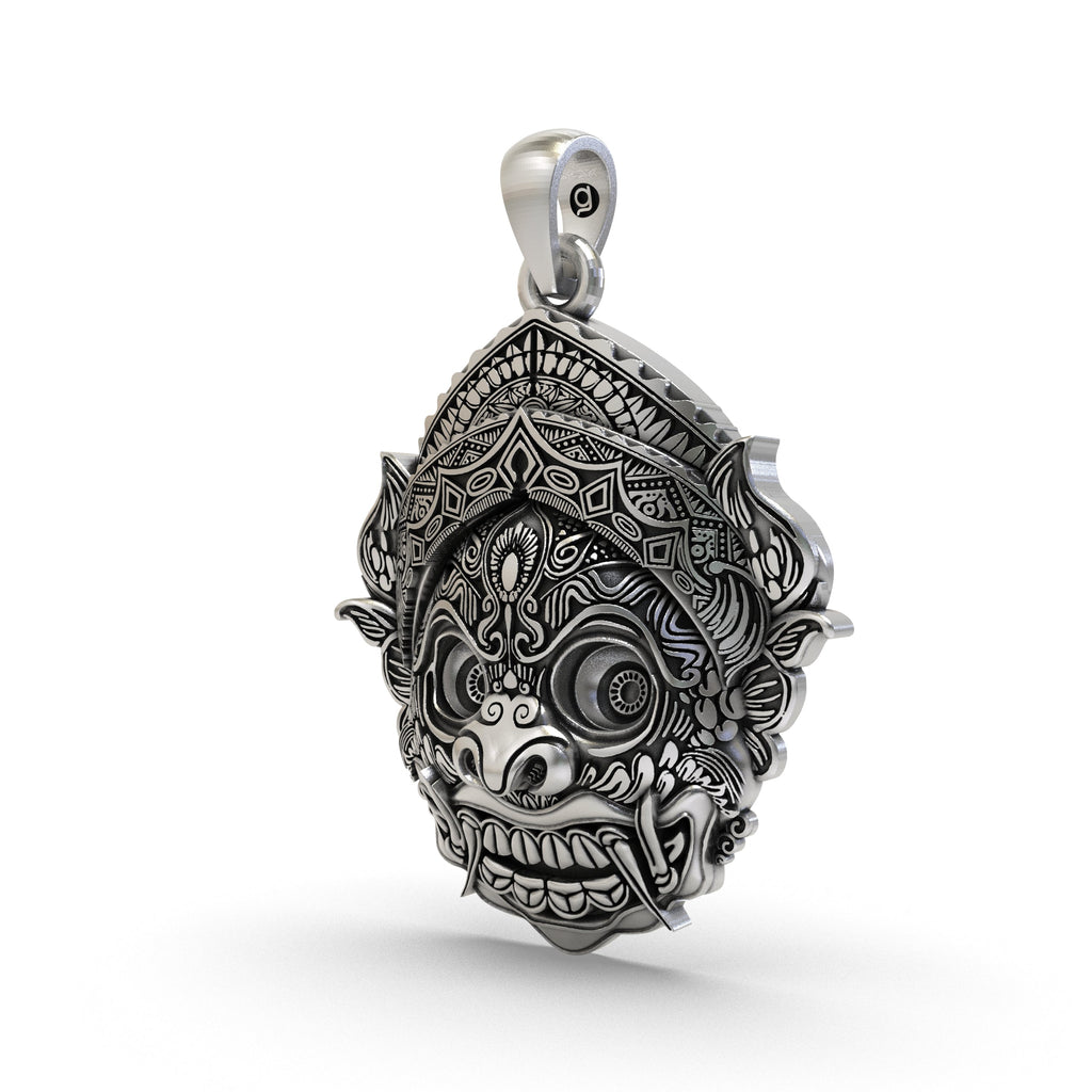 Angled view of the oxidized 925 sterling silver Kirtimukha pendant, highlighting its sacred 3D craftsmanship.