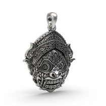 Close-up detail of the powerful Kirtimukha pendant in 925 silver, showing the antique oxidized finish.