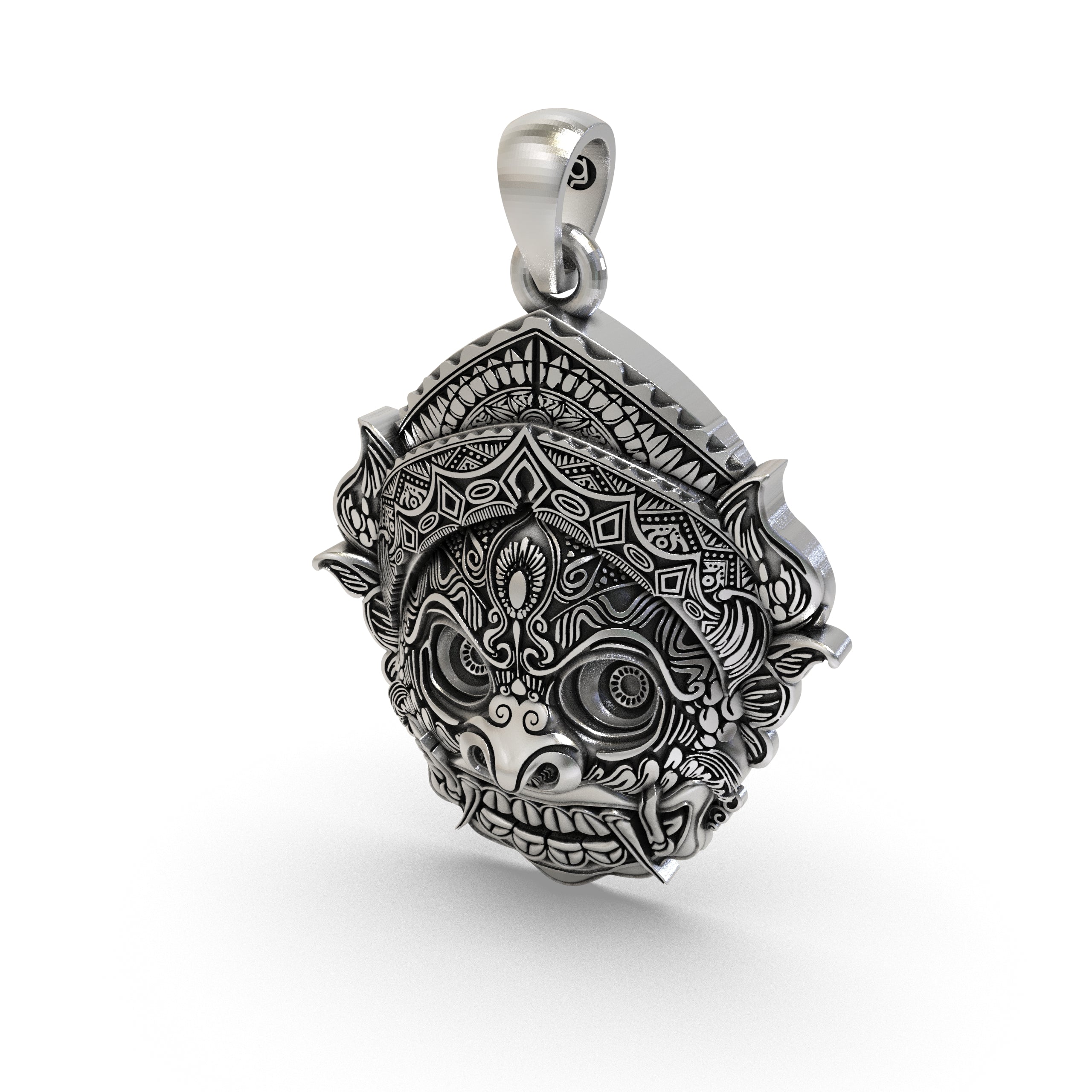 Backside view of the hollow 925 silver Kirtimukha pendant, designed for comfortable, lightweight daily wear.