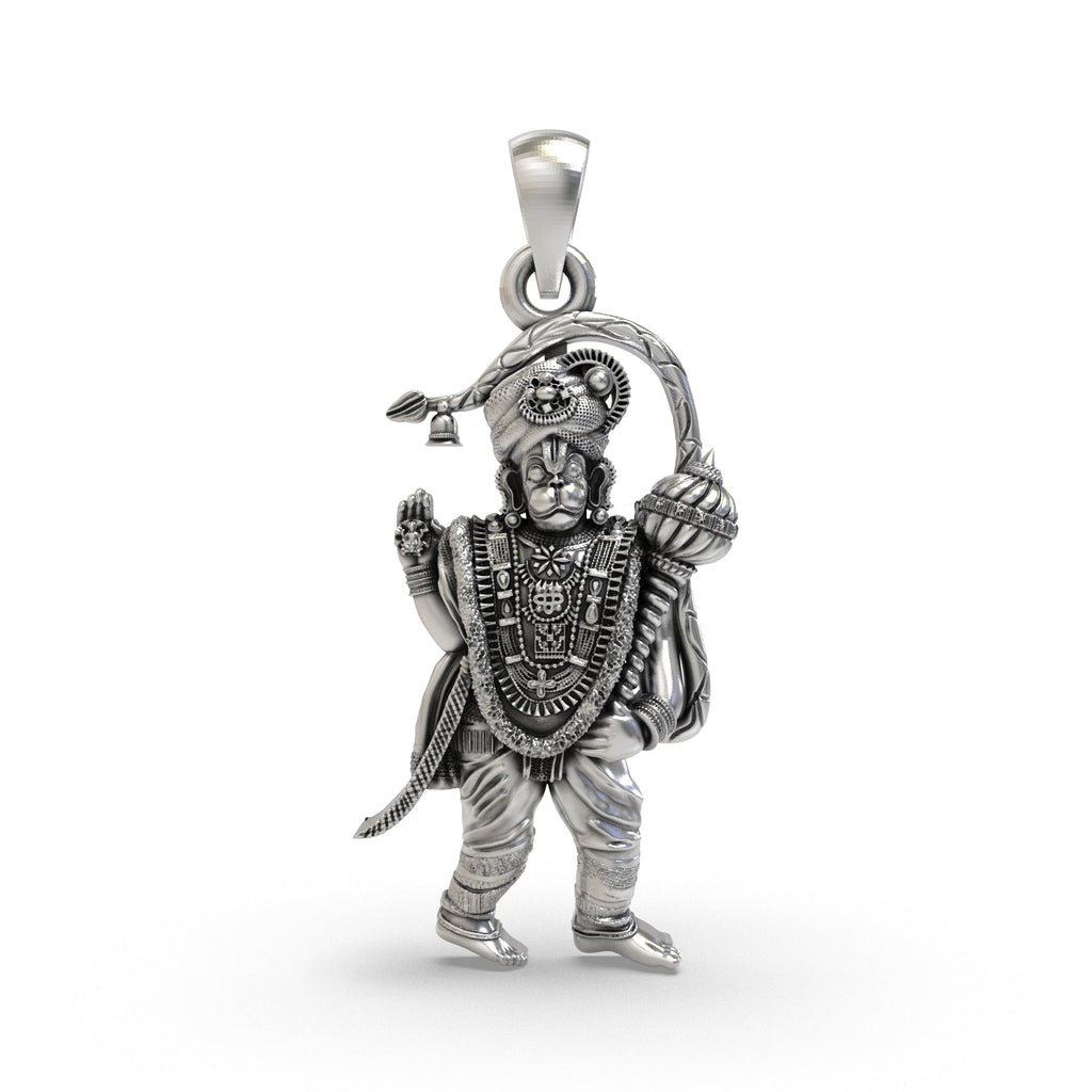 Front view of the 925 silver Sri Ashtamsa Varadha Anjaneyar Hanumanji pendant with an oxidized finish.