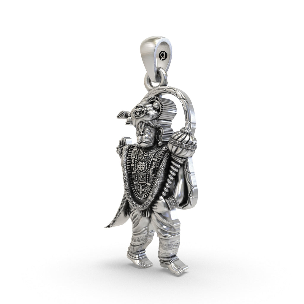 Angled side view of the detailed 925 sterling silver Hanumanji Anjaneyar pendant showcasing its craftsmanship.