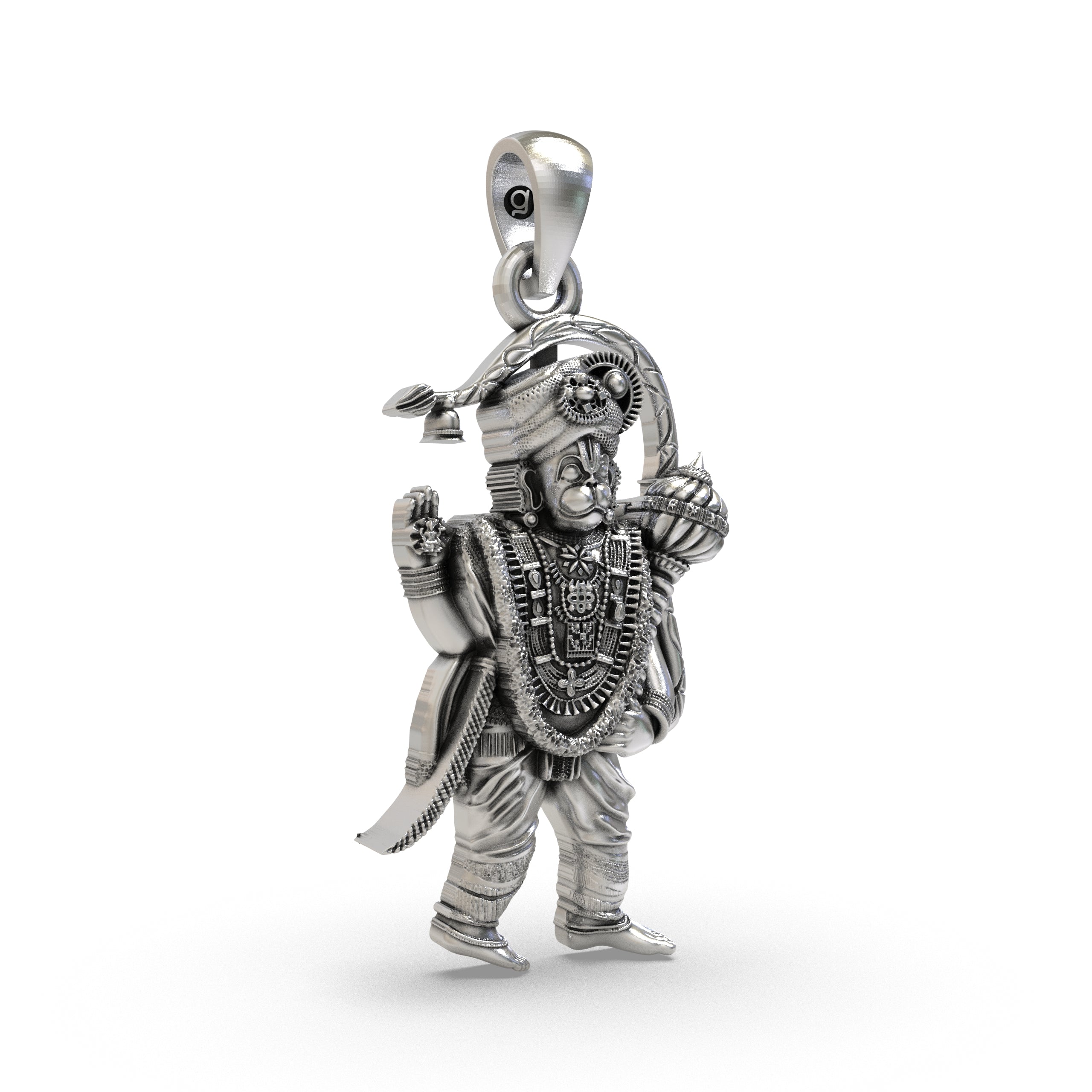 Close-up detail of the oxidized 925 silver Anjaneyar pendant, highlighting the intricate Ashtamsa design.