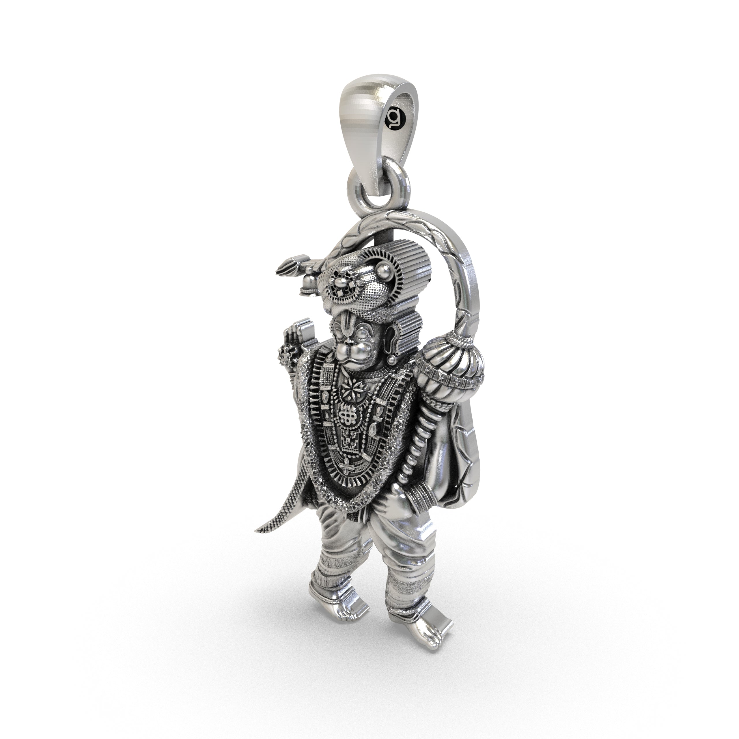 The 925 silver Sri Ashtamsa Hanumanji pendant shown from another perspective, displaying its antique look.