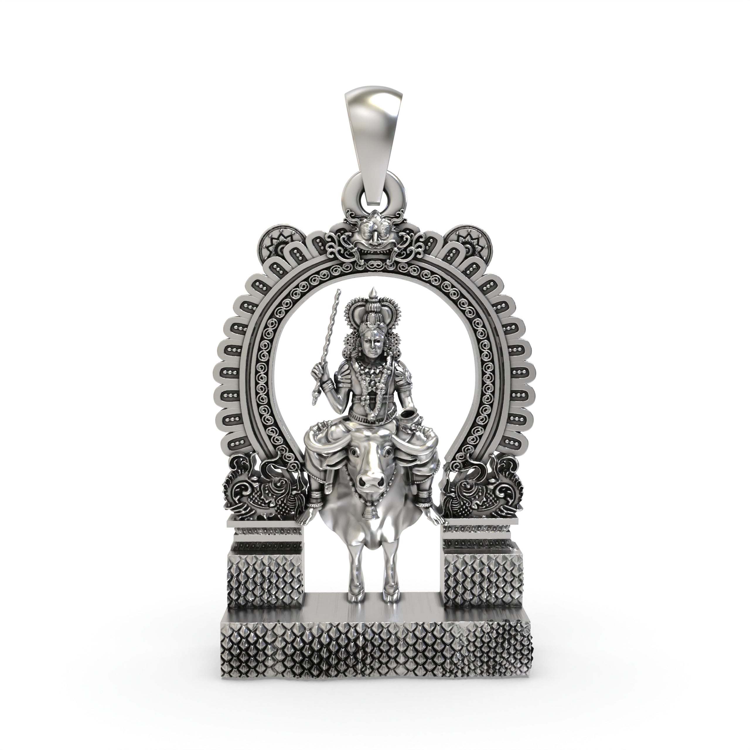 Front view of the handcrafted 925 silver Vishnumaya Swami pendant, showcasing its intricate details and oxidized finish. Main image