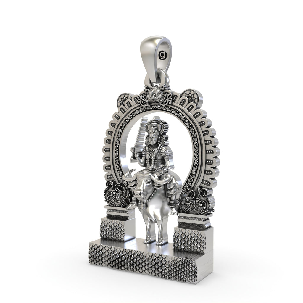 Angled profile of the Chathan Swamy divine protection amulet in sterling silver, highlighting its dimensional craftsmanship.