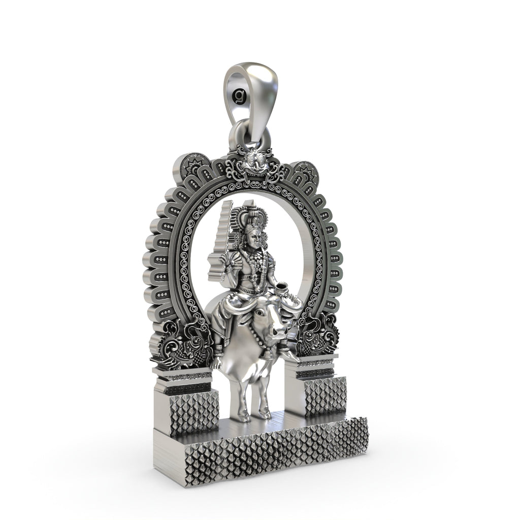 Close-up detail of the 925 sterling silver Vishnumaya Swami pendant, showing the textures of the antique oxidized finish.