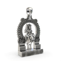 Close-up detail of the 925 sterling silver Vishnumaya Swami pendant, showing the textures of the antique oxidized finish.