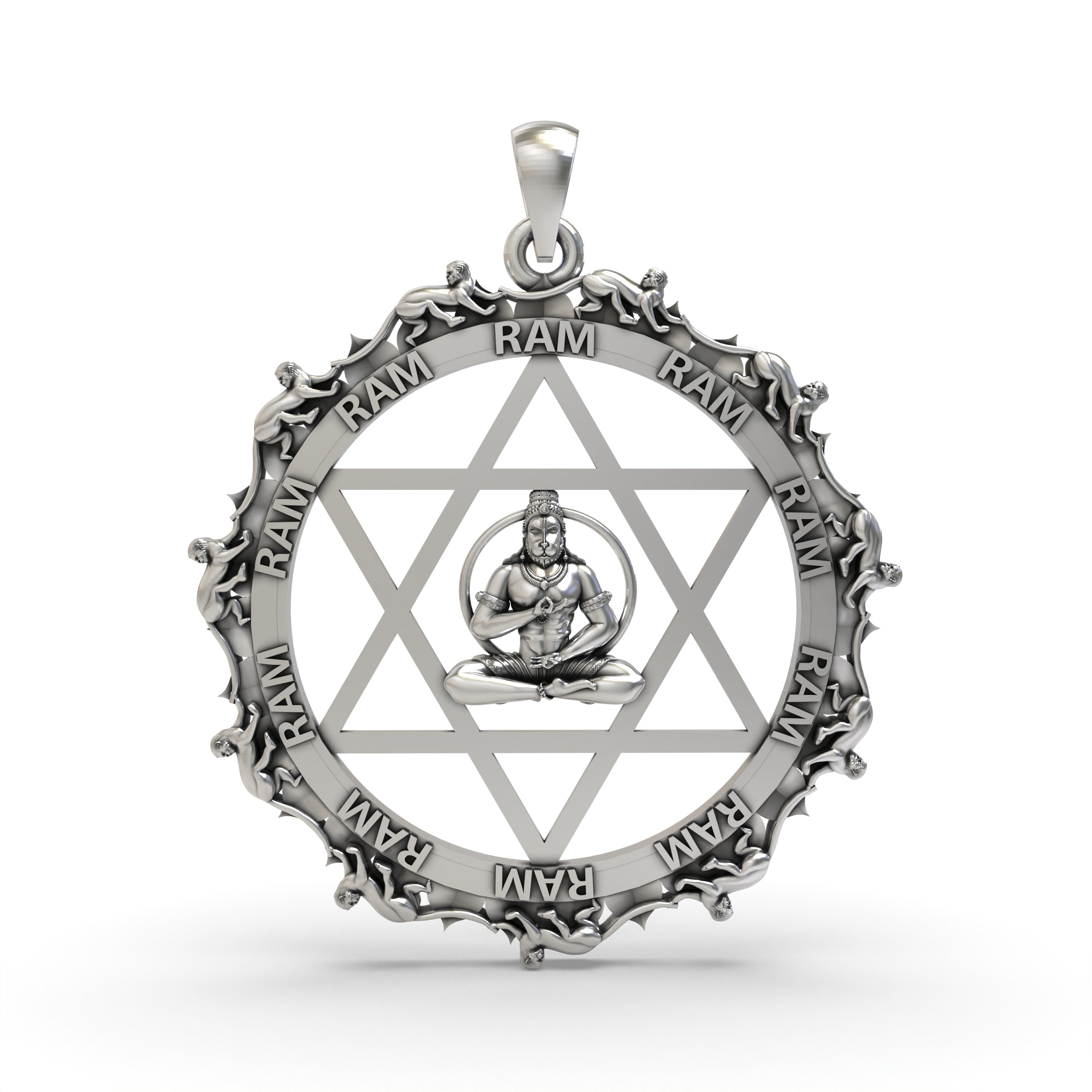 Front view of the 925 Silver Hanumanji Star Pendant, showing the oxidized finish and intricate details of the deity.
