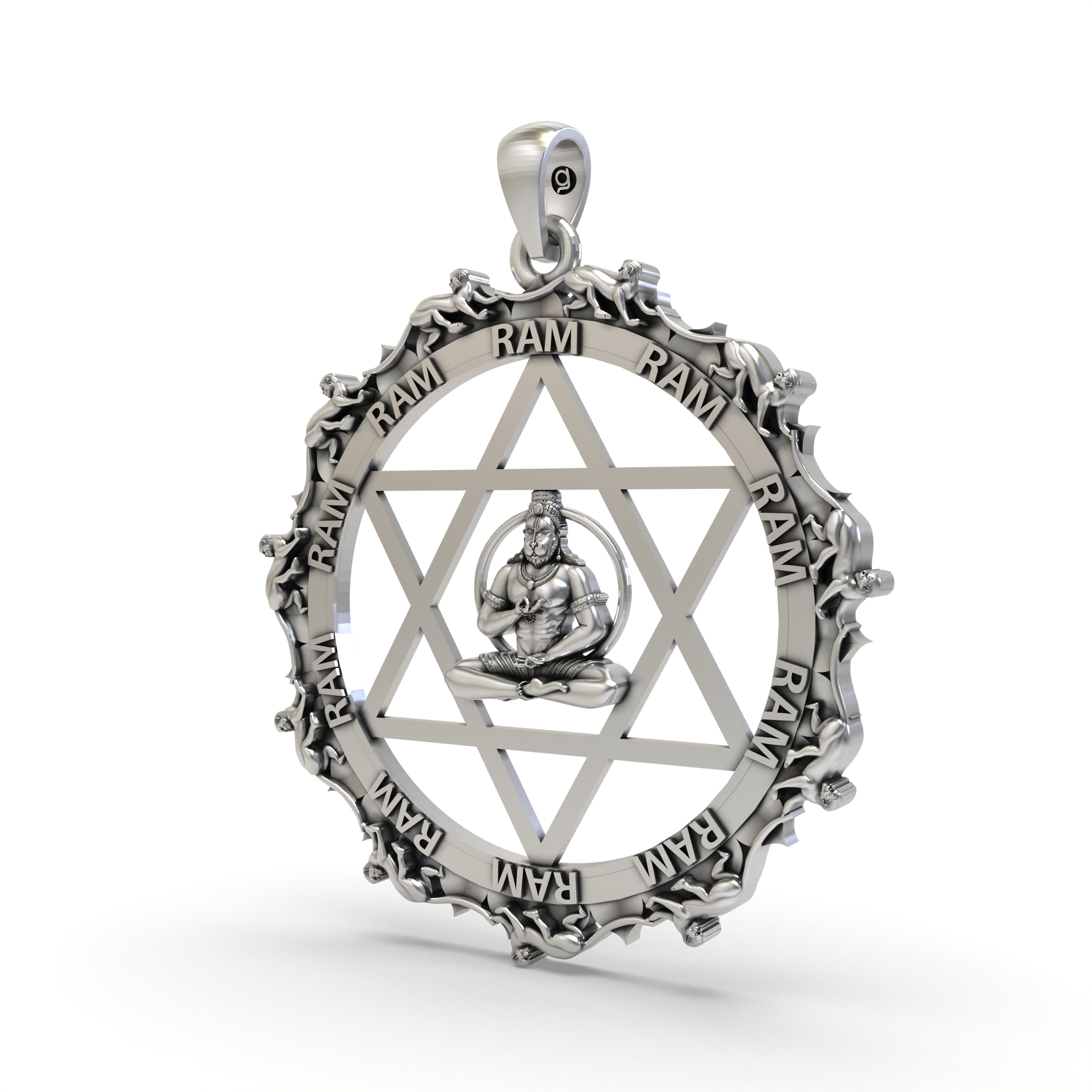 Angled view of the Alankar 925 Silver Hanumanji Pendant, highlighting its 3D craftsmanship and the star backdrop.