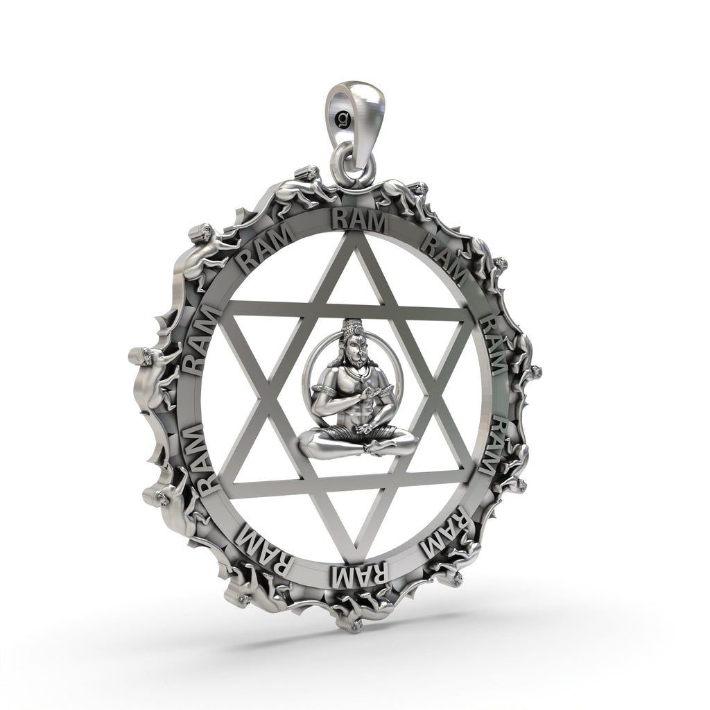 Close-up detail of the oxidized 925 Silver Hanumanji Star Pendant, focusing on the facial expression and mace.