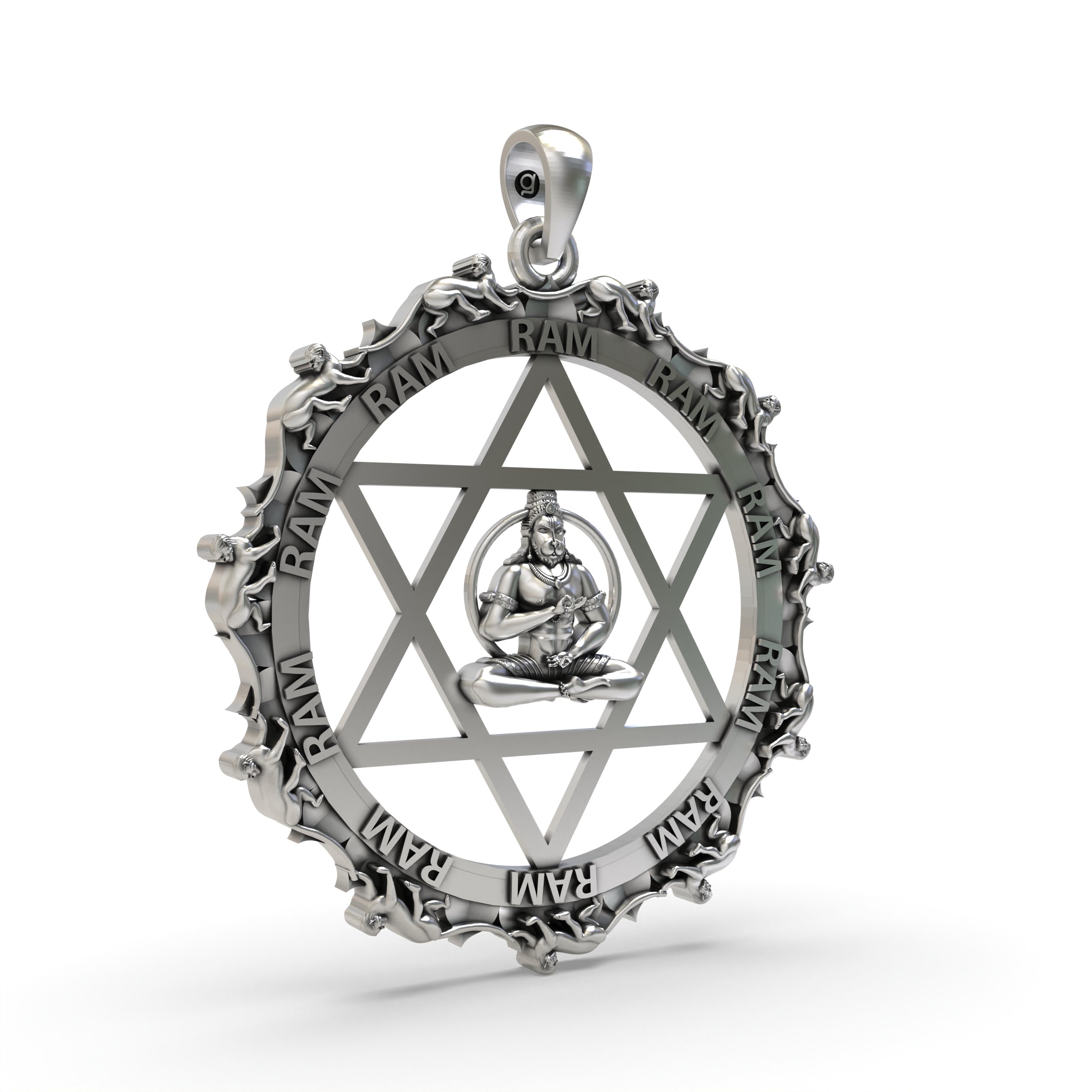 Close-up detail of the oxidized 925 Silver Hanumanji Star Pendant, focusing on the facial expression and mace.