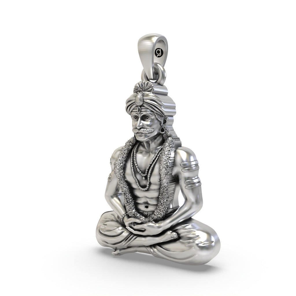 Angled side profile of the Muneshwara Swamy 925 silver pendant, showcasing its dimensional craftsmanship and finish.