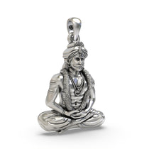 Close-up detail of the Muneshwara Swamy pendant, highlighting the antique oxidized texture on genuine 925 silver.