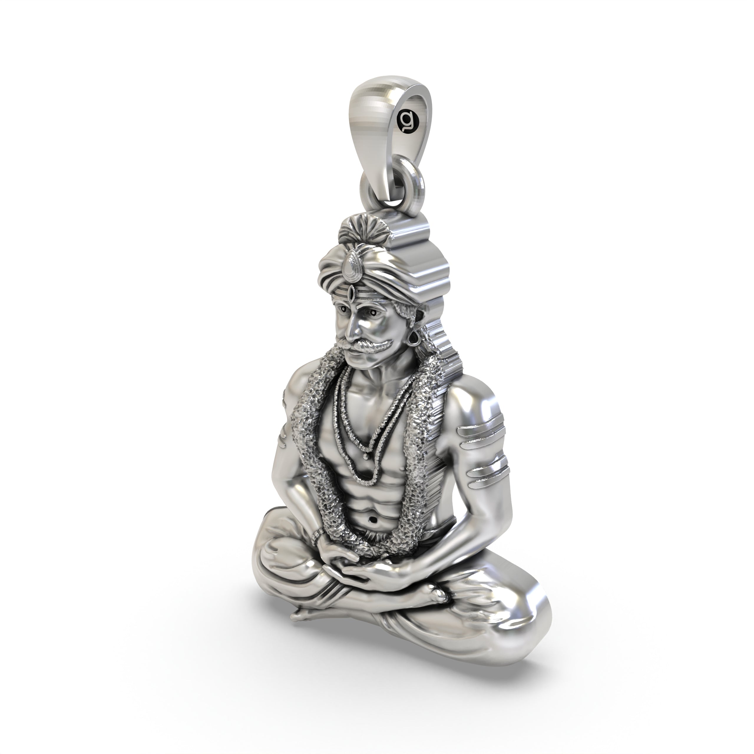 The 925 silver Muneshwara Swamy pendant against a background, displaying its size and hollow back design for comfort.