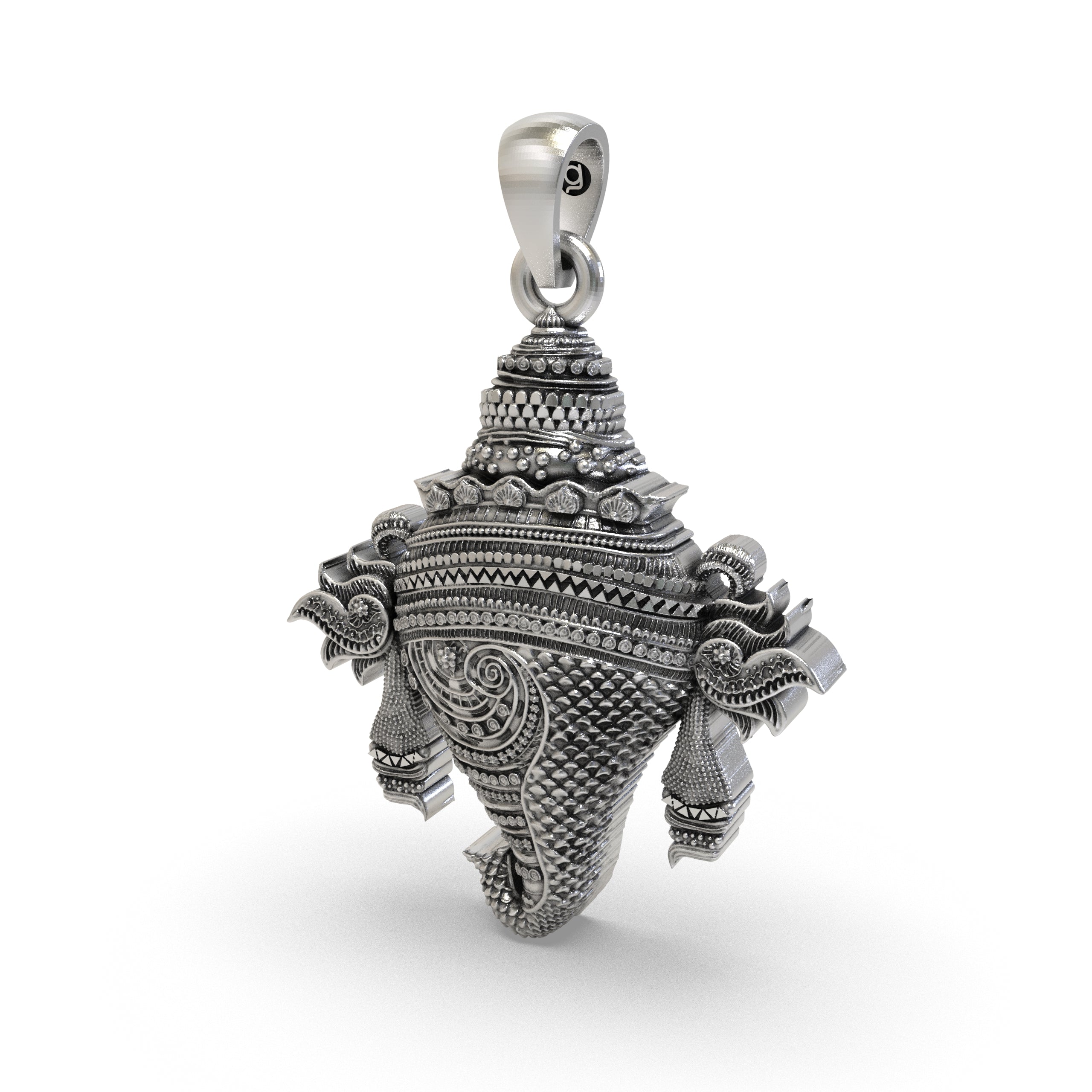 The 35mm tall Vishnu Shankh Panchajanya pendant in 925 sterling silver shown to scale for daily wear.