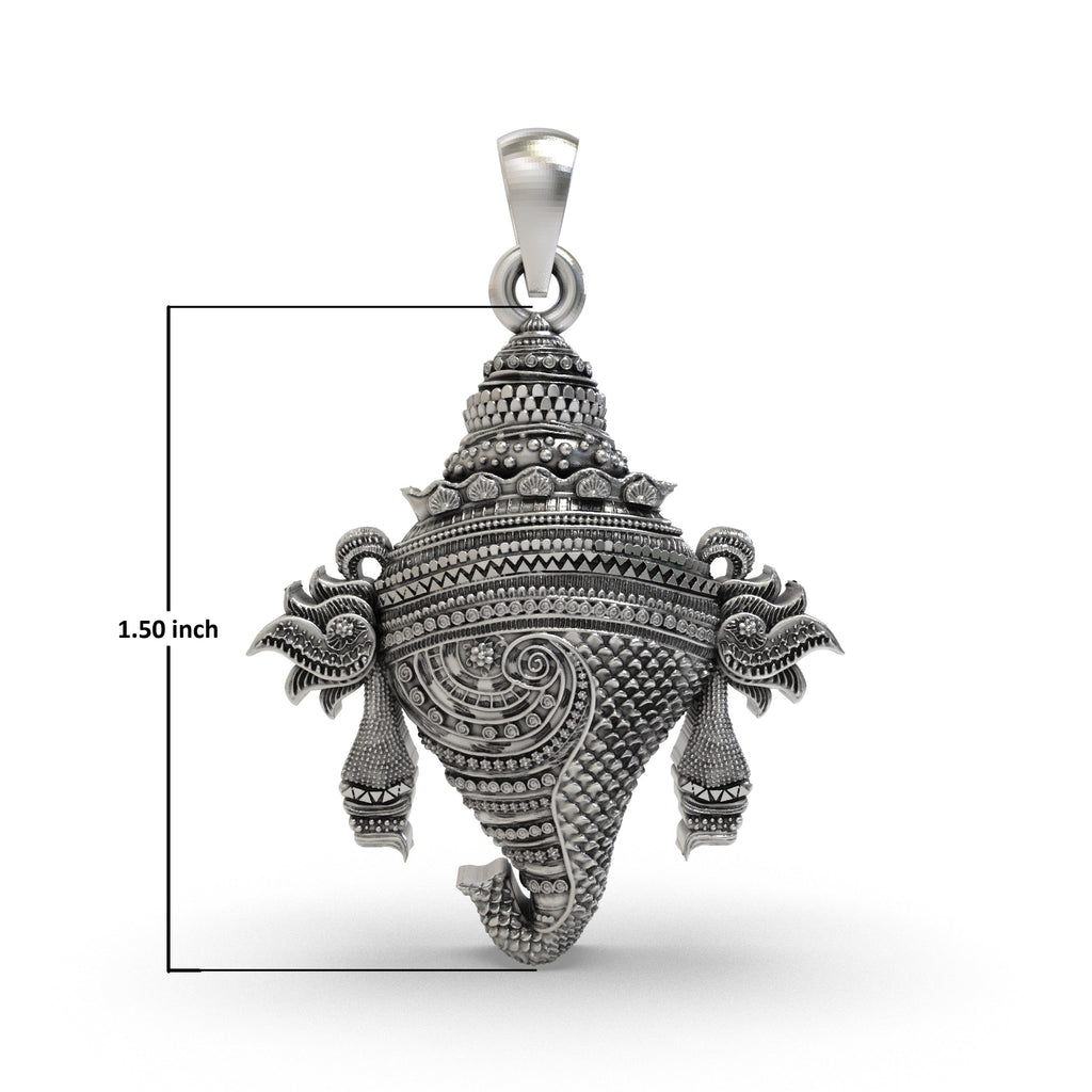 A 925 sterling silver Vishnu Shankh pendant with a beautiful oxidized look, worn to showcase its elegant design.
