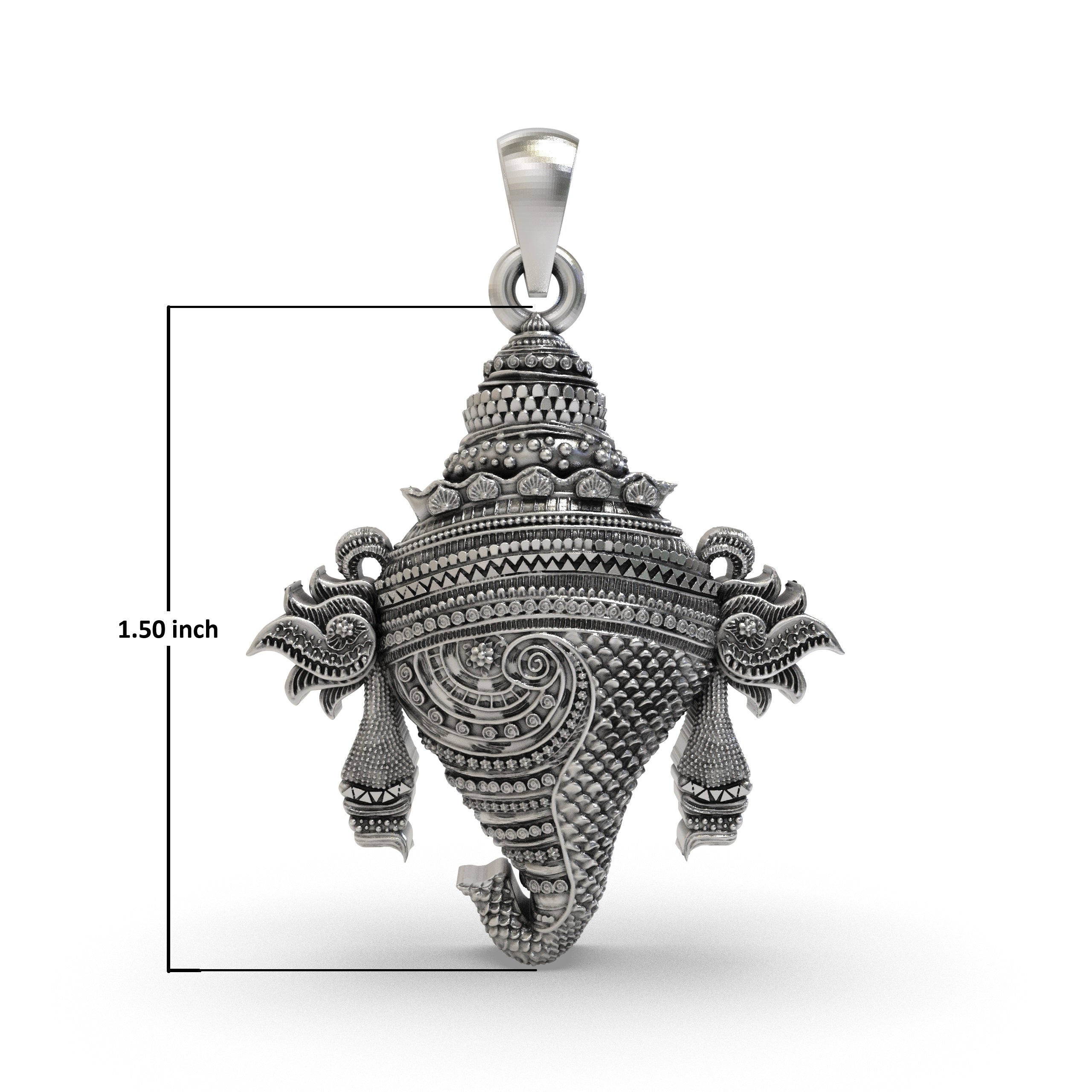 A 925 sterling silver Vishnu Shankh pendant with a beautiful oxidized look, worn to showcase its elegant design.