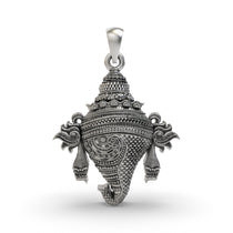 Front view of the detailed Vishnu Shankh Panchajanya pendant crafted in oxidized 925 sterling silver.
