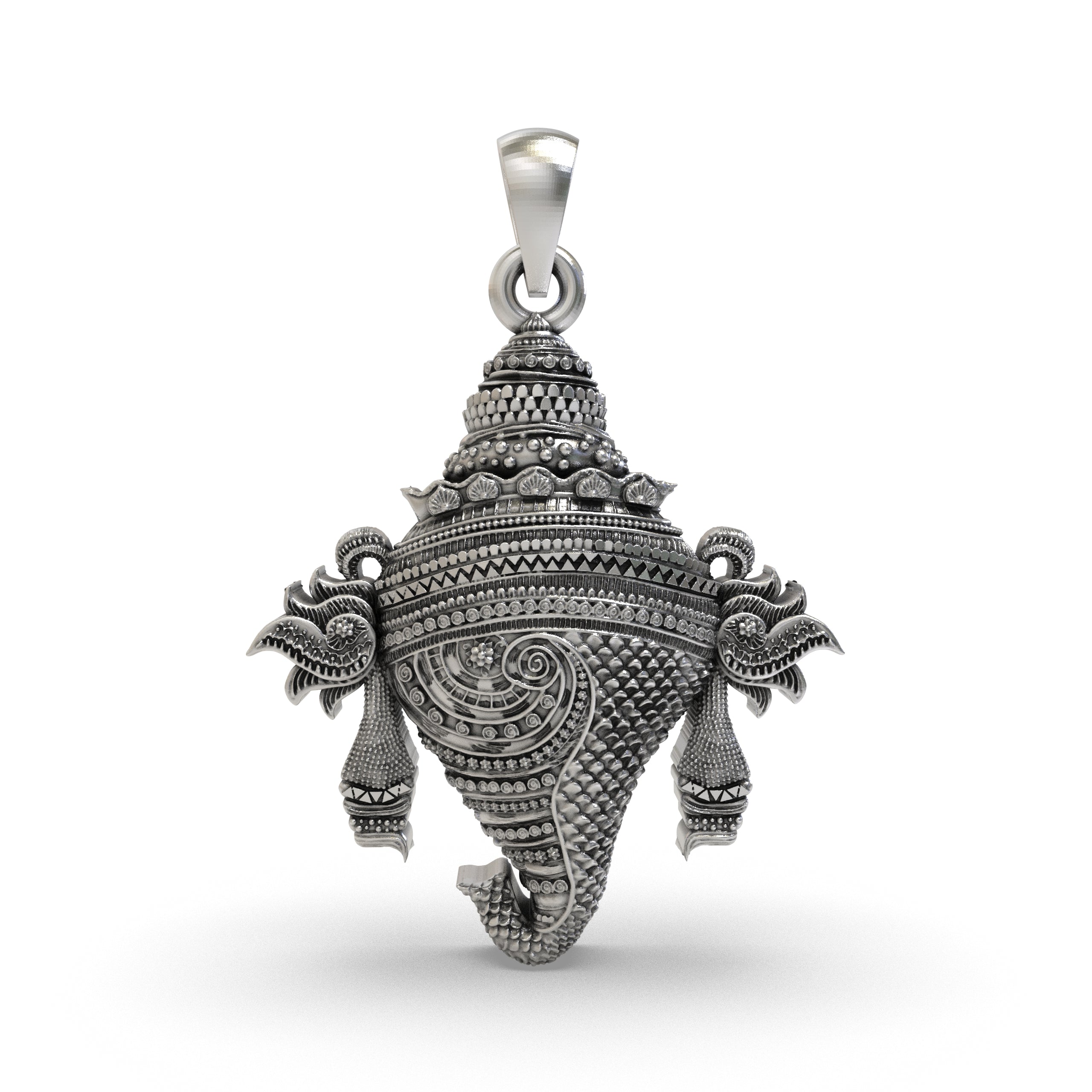 Front view of the detailed Vishnu Shankh Panchajanya pendant crafted in oxidized 925 sterling silver.
