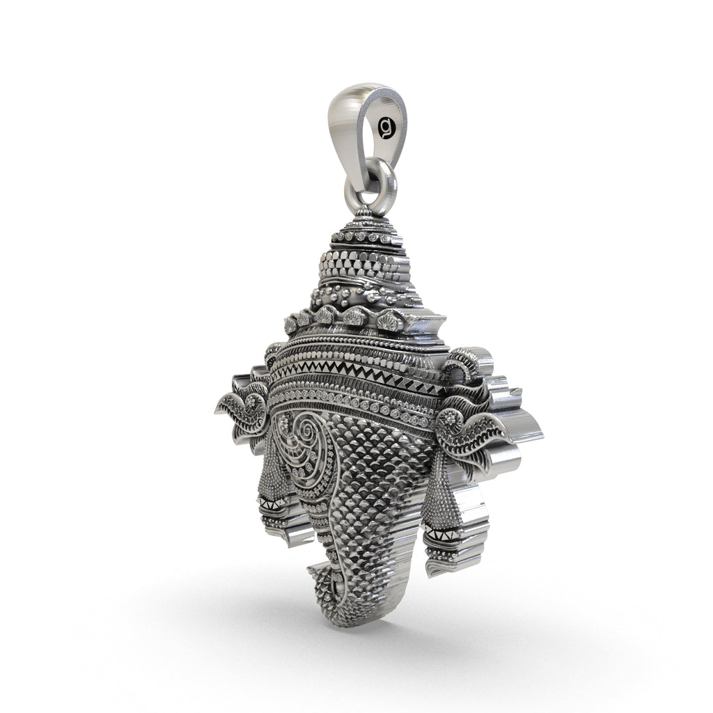 Angled profile of the sacred Vishnu Shankh pendant in 925 silver, highlighting its intricate divine carvings.