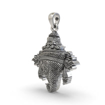Angled profile of the sacred Vishnu Shankh pendant in 925 silver, highlighting its intricate divine carvings.