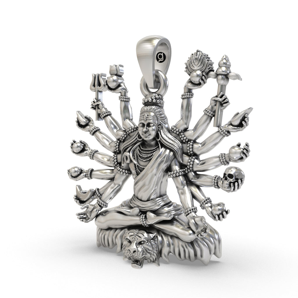 A close-up of the Silver Shiva Mudra pendant highlighting the intricate details and the antique oxidized finish.