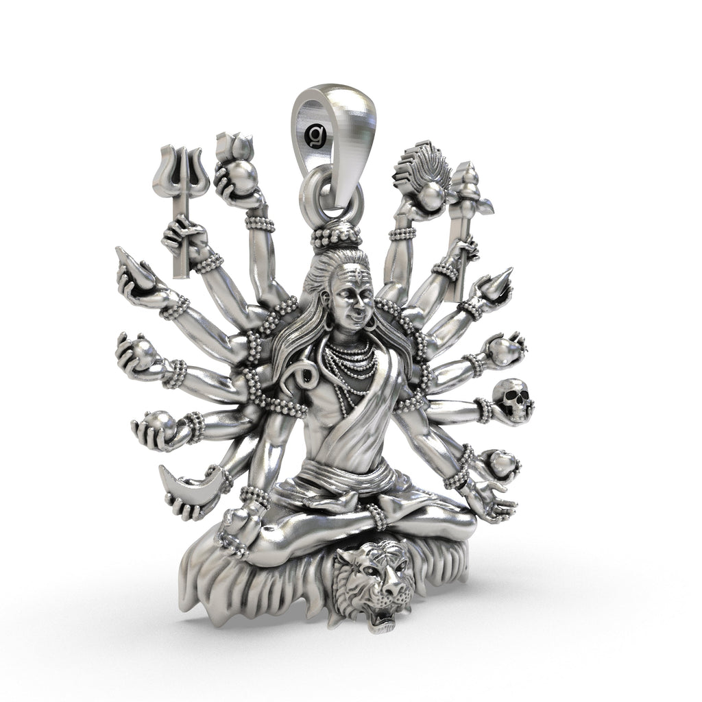 Angled side profile of the Silver Shiva Mudra pendant, showcasing its 3D design and oxidized sterling silver texture.