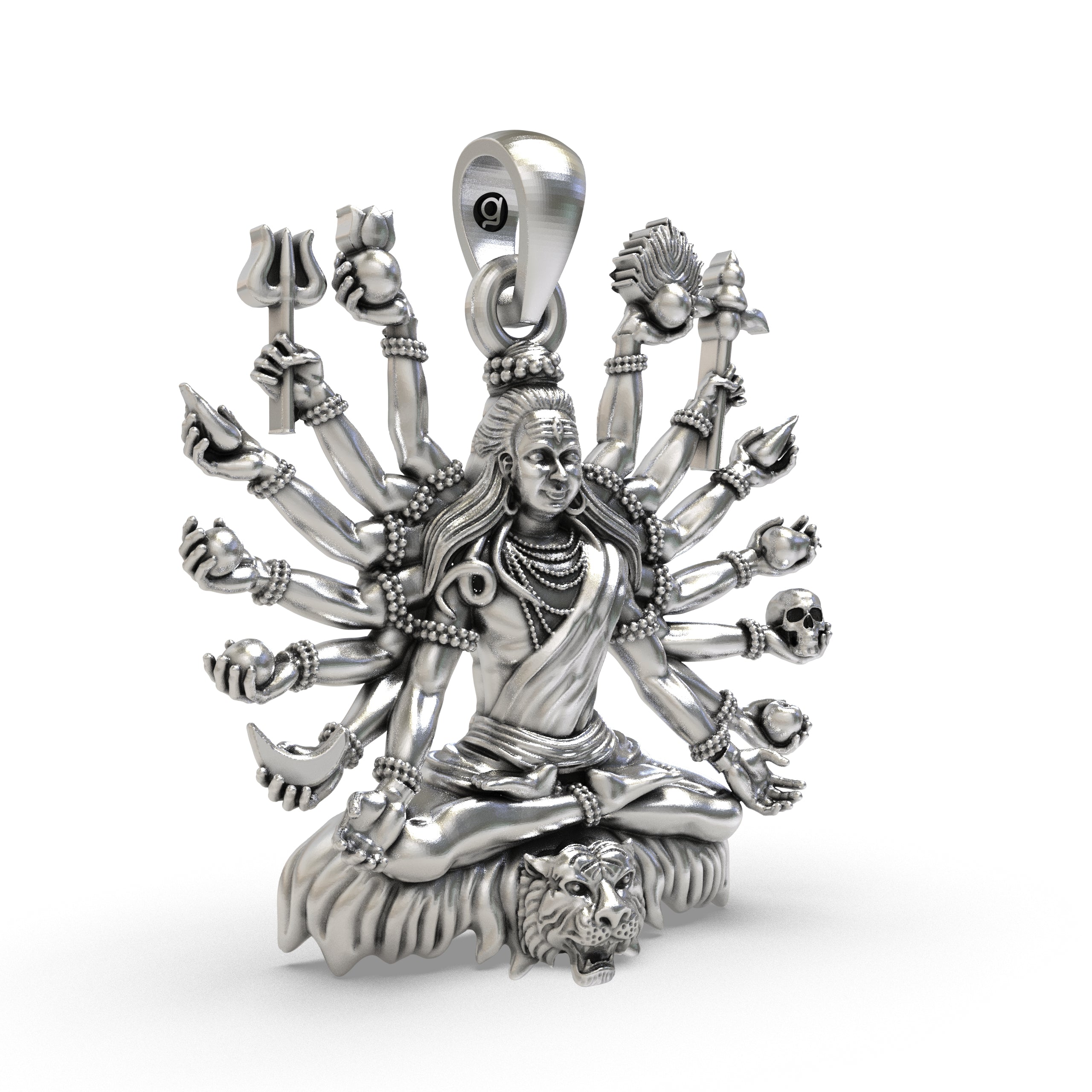 Angled side profile of the Silver Shiva Mudra pendant, showcasing its 3D design and oxidized sterling silver texture.