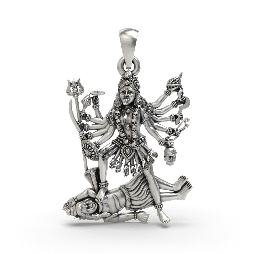 Front view of the intricately detailed 925 Silver Kali Maa Pendant with a traditional oxidized finish for women and men.