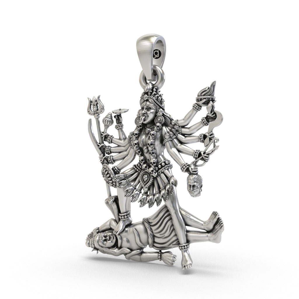 Angled side profile of the 925 Silver Kali Maa Pendant, showing the depth and craftsmanship of the spiritual jewelry.